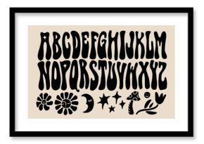 Hippie bohemian groovy postmodern funky font alphabet 1960s boho psychedelic style. Perfect for posters, collages, clothing, music albums and more. Vector clipart illustrations, isolated letters.