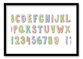 Hand drawn font. Cute doodle font with colorful letters and cartoon numbers. Fun alphabet for kids lettering vector set