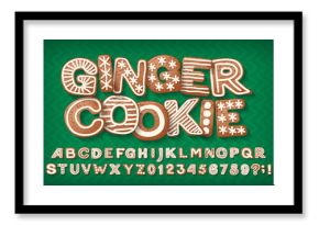 Ginger Cookie alphabet font. Cartoon letters and numbers with shadow. Christmas holiday vector illustration for your typography design.