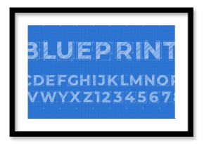 Blueprint lettering. Construction engineer font, architectural alphabet letters and numbers on blue measurement grid background. Vector symbols set