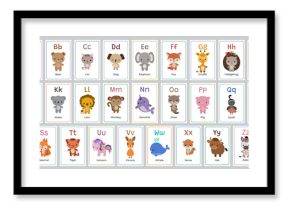 English alphabet flashcards with animals and letters. Cute animal flash card set. Kawaii style animal themed cards. Abc learning for school or preschool kids. Teacher resourses printable layout.