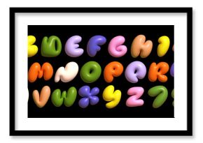 Colorful Latin 3D alphabet with airy thick letters. Font with numbers inflated figures in a cartoon children's style.