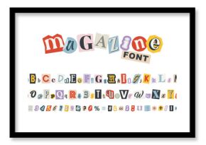 Magazine collage vector alphabet in trendy style. Color letters, numbers and punctuation marks cut from newspapers. Criminal, anonymous or detective font. Vintage elements for your design.