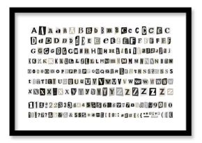 Ransom Gray Note English Font Alphabet Cut out vector Letters. Blackmail Ransom Kidnapper Anonymous Note Font. Collage style Numbers and punctuation symbols. Criminal ransom letters.