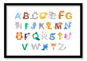 Zoo alphabet. Animal alphabet. Letters from A to Z. Cartoon cute animals isolated on white background. Different animals. Learn letters with funny animals, zoo ABC and English alphabet for kids. Vecto