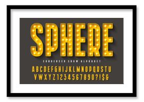 Retro cinema alphabet design, cabaret, LED lamps letters and numbers.