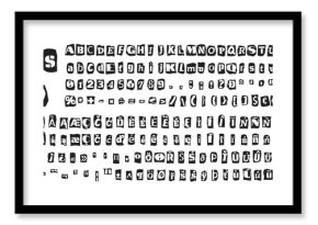 Ransom halftone collage style letters numbers and punctuation marks cut from newspapers and magazines. Vintage ABC collection. Black and white alphabet Typography vector illustration