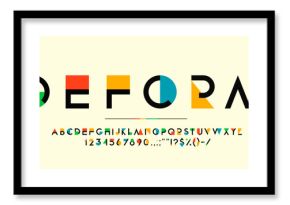 Color geometry font, modern art type, creative english alphabet typeface vector typography set. Rainbow geometric shapes abc with abstract letters and numbers of colorful triangles, squares, circles