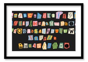 Set of colorful anonymous font. Magazine cutout alphabet. Cuts from newspaper. Letters on pieces of paper in different colors. Retro grunge criminal alphabet set. For anonymous message