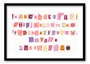Set of colorful anonymous font. Magazine cutout alphabet. Cuts from newspaper. Letters on pieces of paper in different colors. Retro grunge criminal alphabet set. For anonymous message