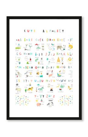 Cute alphabet. Letters and words. Flora, fauna, animals. 