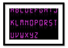 Electronic glowing alphabet. Purple (pink) techno characters isolated on a black background. LCD characters set for a digital watch and other electronic devices. Vector illustration
