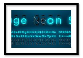 Mega huge neon set glowing alphabet with upper and lowercase letters, vector Font. Glowing text effect. On and Off lamp. Neon Numbers and punctuation marks. isolated on blue background.