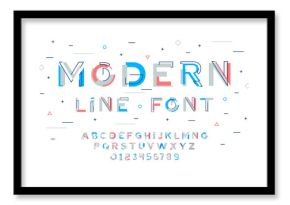 Stylish modern abstract font and alphabet with numbers. Vector colorful font from pieces of shapes and strips, glitch effect.