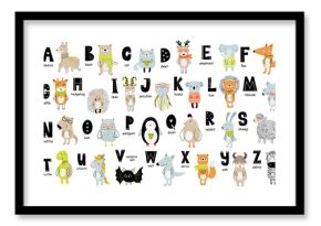 Vector poster with letters of the alphabet with cartoon animals for kids in scandinavian style