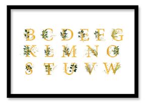 Golden floral alphabet font uppercase letters with flowers leaves gold splatters