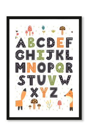 Forest alphabet with cute foxes. Hand drawn letters from A to Z