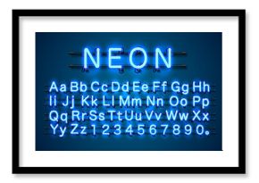 Neon city color blue font. English alphabet and numbers sign.