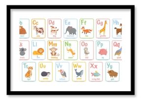 Alphabet cards for kids. Educational preschool learning ABC card with animal and letter cartoon vector illustration set. Flashcards with cute characters and english words placed in alphabetical order.