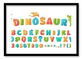 Cartoon dino font. Dinosaur alphabet letters and numbers, funny dinos letter signs for nursery or kindergarten kids vector illustration set. Alphabet dinosaur, abc kids letter typography