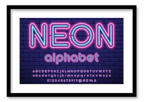 Glowing neon light alphabet design with uppercase, lowercase, numbers and symbol