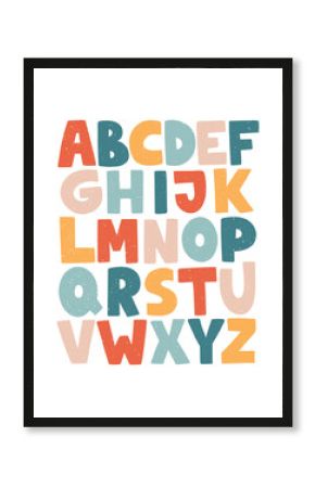 Cartoon English alphabet. ABC. Funny hand drawn graphic font. Uppercase letters. Design for typography poster, card. Colorful modern vector illustration