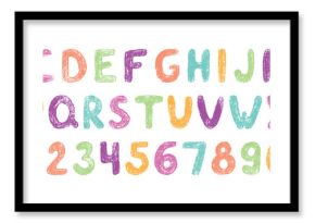 Crayon childish alphabet and numbers with pencil crayon texture. Hand drawn scribble letters and numbers in kids grunge style with crayon texture.