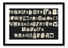 Set of monochrome anonymous font. Magazine cutout alphabet. Cuts from newspaper. Letters on pieces of paper in black and white colors. Retro grunge criminal alphabet set. For anonymous message