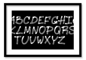 Capital letters alphabet drawn in chalk with scribble texture, isolated white letters on black background. Vector alphabet, with grunge font, letters drawn in chalk, bold letters, italic. Vector font