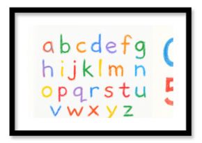 Set of colorful illustrations of the alphabet with uppercase and lowercase letters and numbers, created by a child using colored pencils