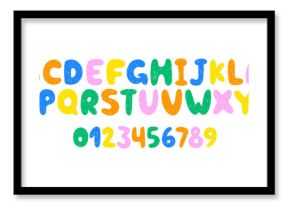 Hand drawn font with crayon or pastel texture. Cartoon alphabet letters and numbers for school or kindergarten. Kids vector illustration drawn with pencil.