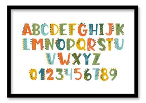 Hand drawn dino font with crayon or pastel texture. Sketch alphabet letters and numbers for school or kindergarten. Kids vector illustration.