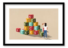 Confused woman looking at large stack of alphabet blocks 