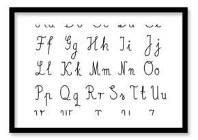 Cursive handwriting alphabet chart with uppercase and lowercase letters on lined guides. Perfect for educational materials, handwriting practice sheets, teaching resources, and school posters.