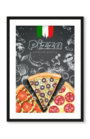 Color pizza poster. Savoury pizza ads with 3d illustration rich toppings dough on engraved style chalk doodle background. banner for cafe, restaurant or food delivery service. Top view