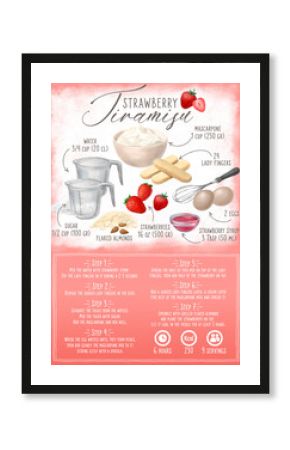 How to make a Strawberry tiramisu. Illustrated recipe poster, with instructions and hand drawn ingredients