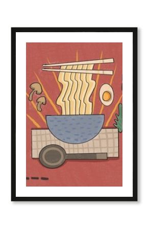 craft poster for noodle, ramen, cafe. paper style illustration japanese food