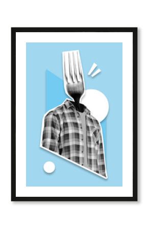 Creative vintage photo collage of weird unusual person with fork face look advert space special cafe offers