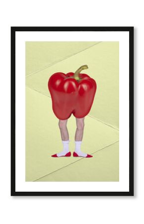 Contemporary art collage. Male leg with red pepper body over yellow background. Vegetable diet. Vegetarians