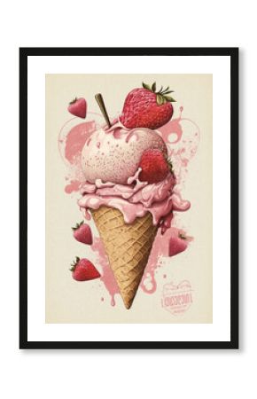 Ice-cream strawberry, vintage poster, tasty, decorative and delicious. Generative ai 