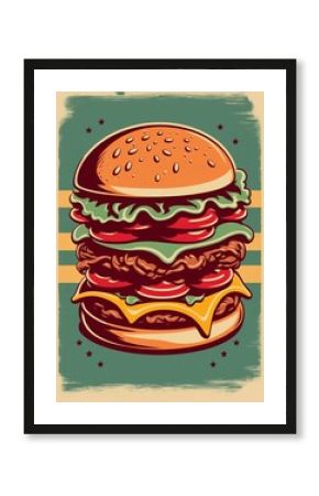 Vintage retro poster from 50s, 60s. Fast food, burger, cheeseburger delivery. Grunge poster.