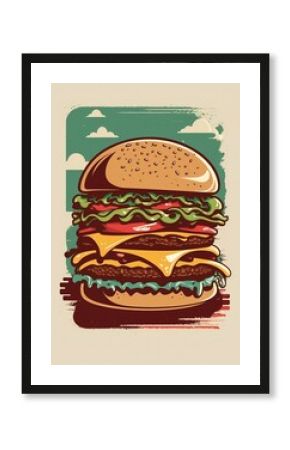 Vintage retro poster from 50s, 60s. Fast food, burger, cheeseburger delivery. Grunge poster.