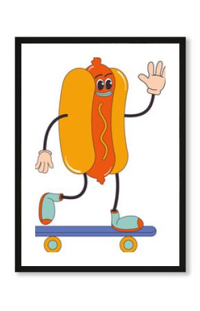 Cartoon character retro hot dog food 70s street food. In trendy groovy hippie retro style. 