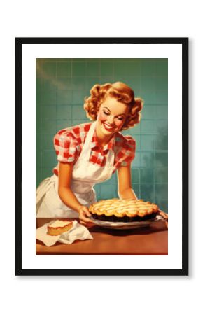 Minimalistic retro 1960's postcard of happy smiling woman in white dress and red shirt, preparing a pie on green tiles on background