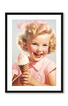 Minimalistic retro postcard of happy smiling child with ice cream and curved blond hair on gray background