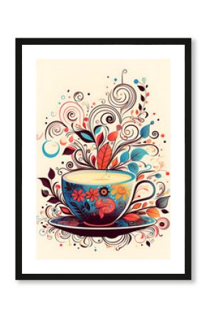 Whimsical colorful playful abstract artistic floral coffee cup cappuccino doodle retro vintage style wall art decor poster