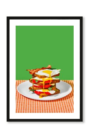 Toast bread, fiend eggs, bacon, tomatoes and basil on plate on checkered tablecloth over green background. Concept of breakfast, food, taste, creativity. Pop art photography. Poster. Copy space for ad