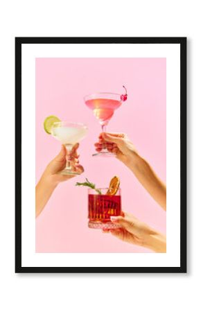 Poster. Variations of alcohol drinks. Capturing hands with funky cocktail glasses, each hosting a uniquely colorful drink, set against colorful studio background.