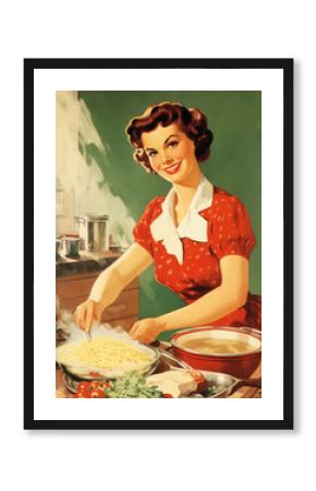 Retro 1960's pin up style postcard of smiling household woman in red shirt cooking spaghetti in the kitchen