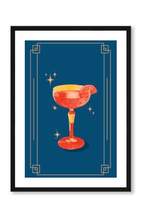 Poster. Contemporary art collage. Creative retro artwork. cocktail in coupe glass, slice of grapefruit on rim of it. Light orange color filter. Concept of restaurant menu, alcohol drink, vintage.